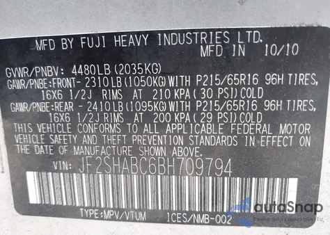 2011 Subaru Forester 2.5X z USA, uszkodzony, nr VIN JF2SHABC6BH709794